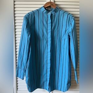 Marimekko Button Down Shirt/Tunic Blue with Navy Stripes 100% cotton Sz 38, 6, M